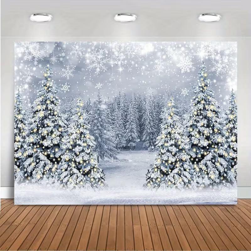 2D White Winter Christmas Backdrop, Snowy Pine Tree Forest Scene Background for Party Decoration
