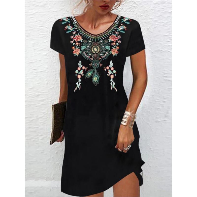 Vintage Elegant Ethnic Midi Dresses For Women 2025 Summer Loose Bohemian Beach Midi Dress Casual Female Clothing Pullover Dress