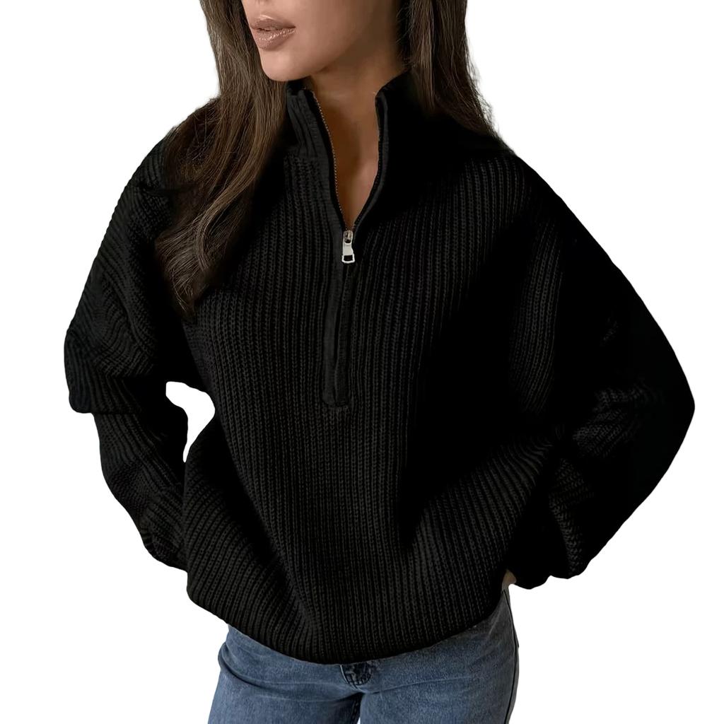Women's Oversized Knit Pullover Sweater with Zipper, Versatile Casual Top for Fall and Winter