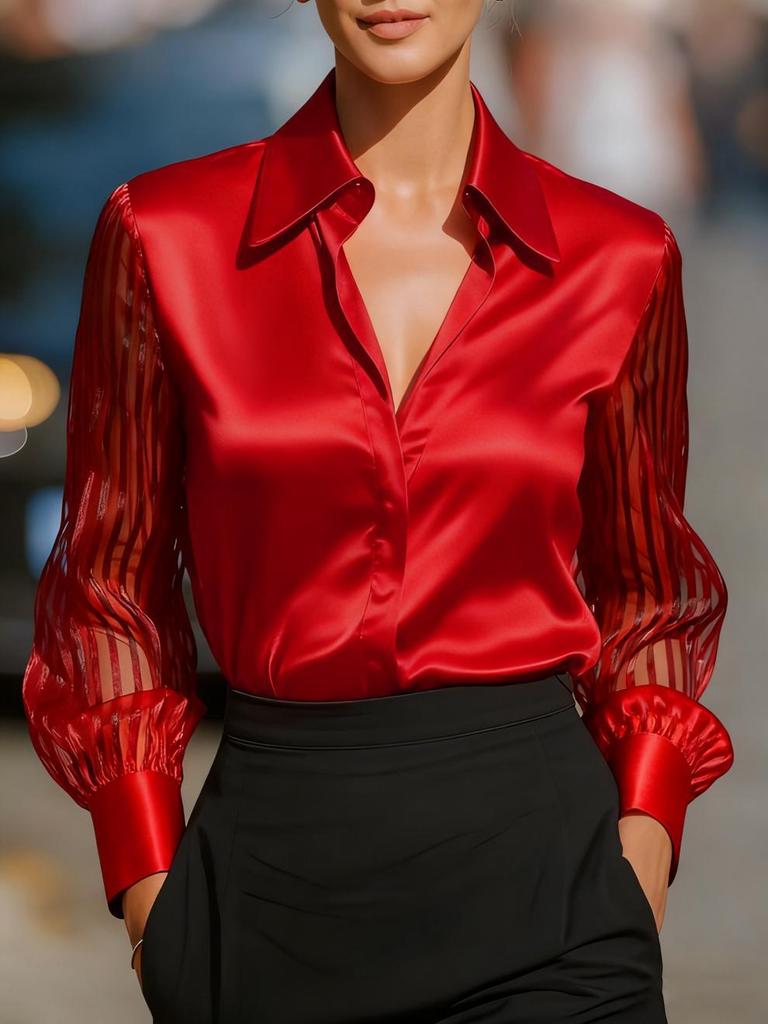 2025 Herbst Unifarbene Satin-Langarmhemd