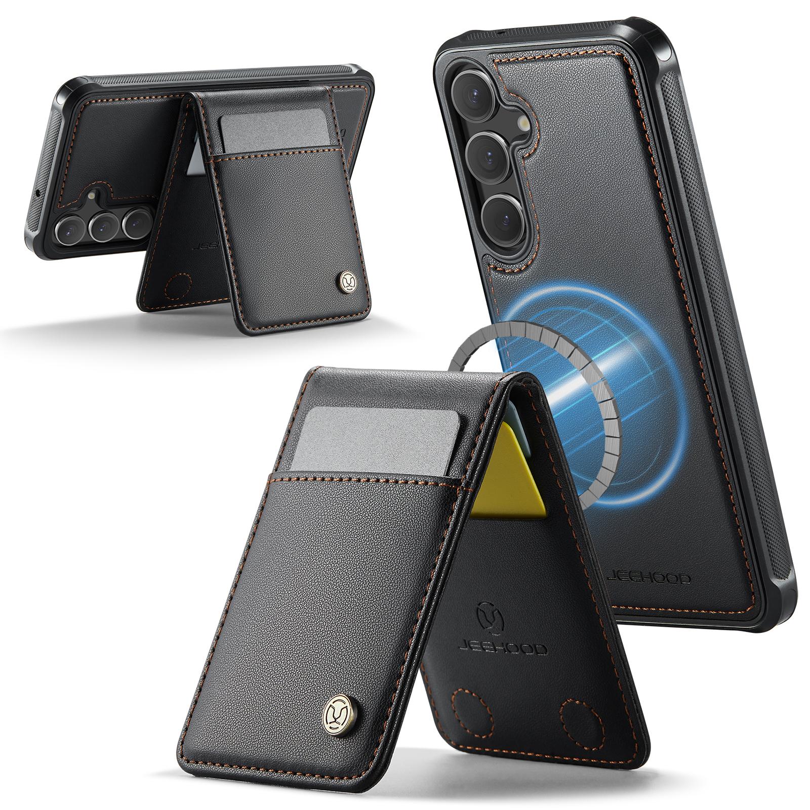 

For Samsung Galaxy S23 FE Leather Back Cover Compatible with MagSafe JEEHOOD J06 Phone Case with Card Bag RFID Blocking Brown