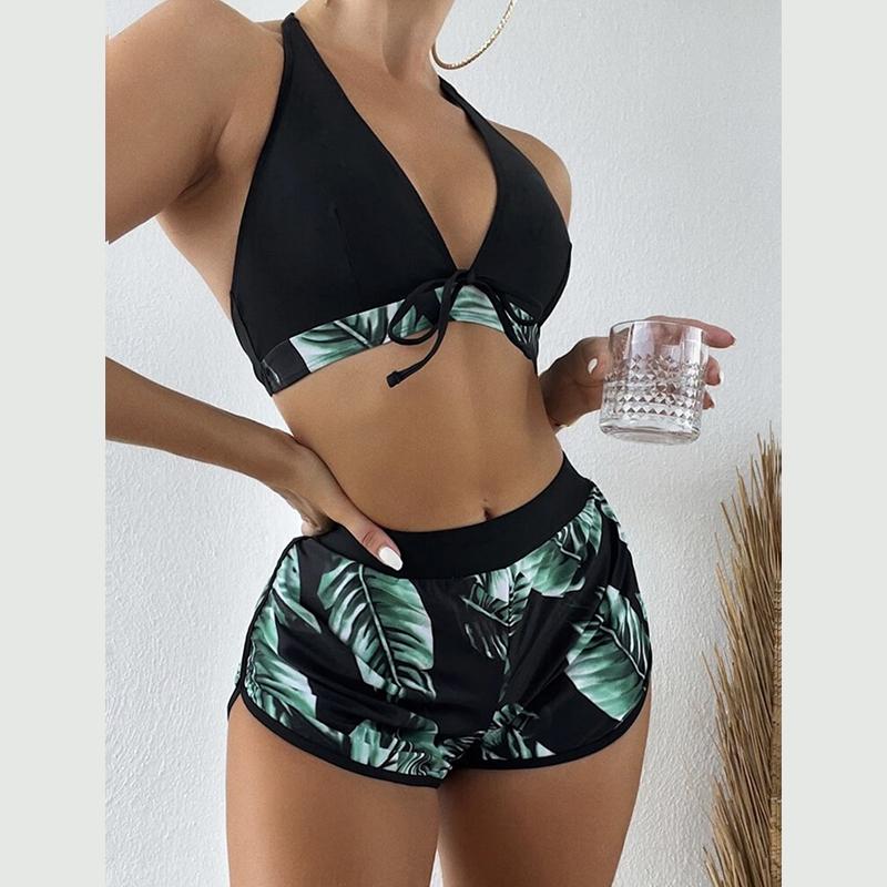 Womens Halter Neck Padded Bra Bikini Set Boy Shorts Swimsuit Beachwear Swimwear