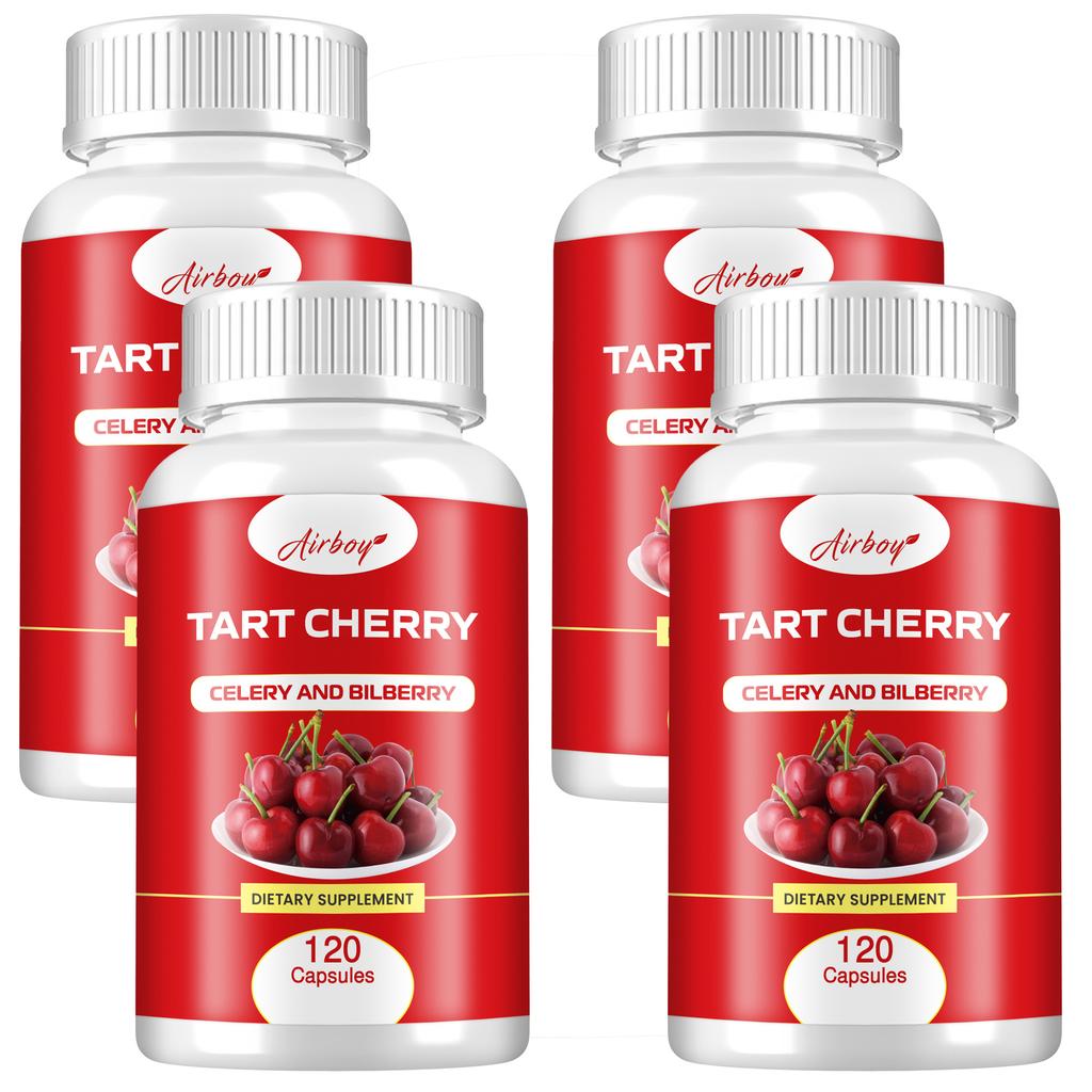 Airboy Organic Tart Cherry Extract Capsules, made with tart cherry concentrate and celery seed, suitable for adults.