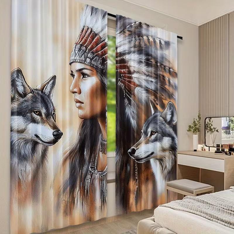 2Pcs The Indians and Wolves Print Curtains,suitable for Bedroom,living Room Kitchen Decoration,home Decoration,window Decoration