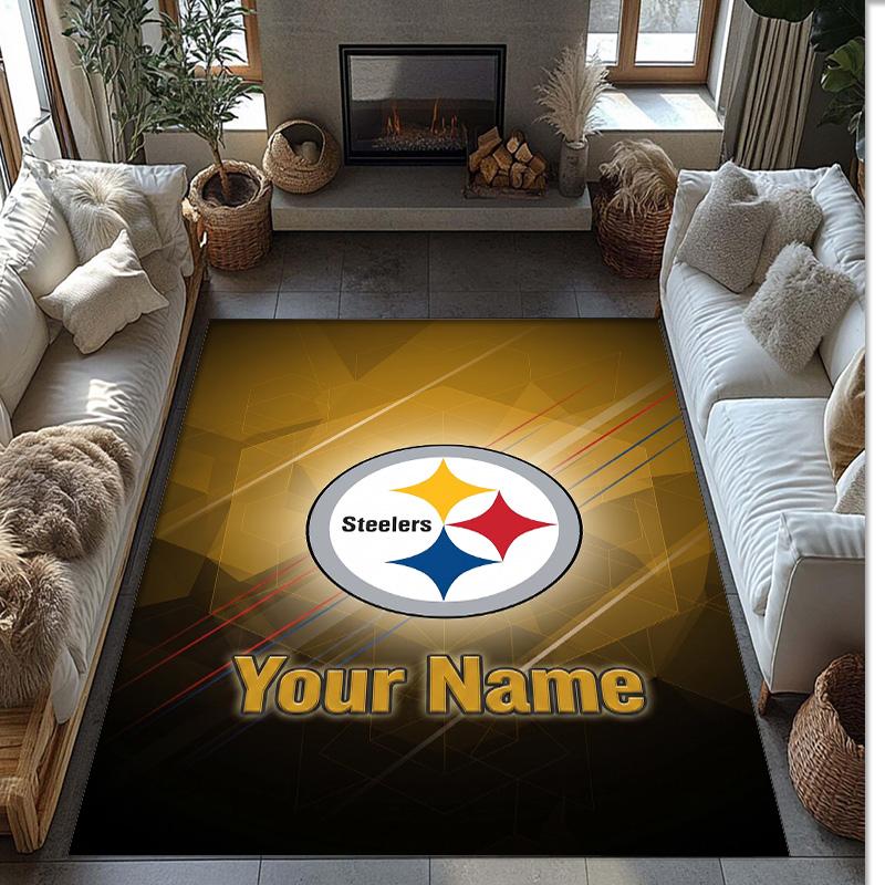 Pittsburgh Steelers Crystal Velvet Rug, Custom Name Text Personalized Non‑Slip Floor Mat for Home Decor Gift