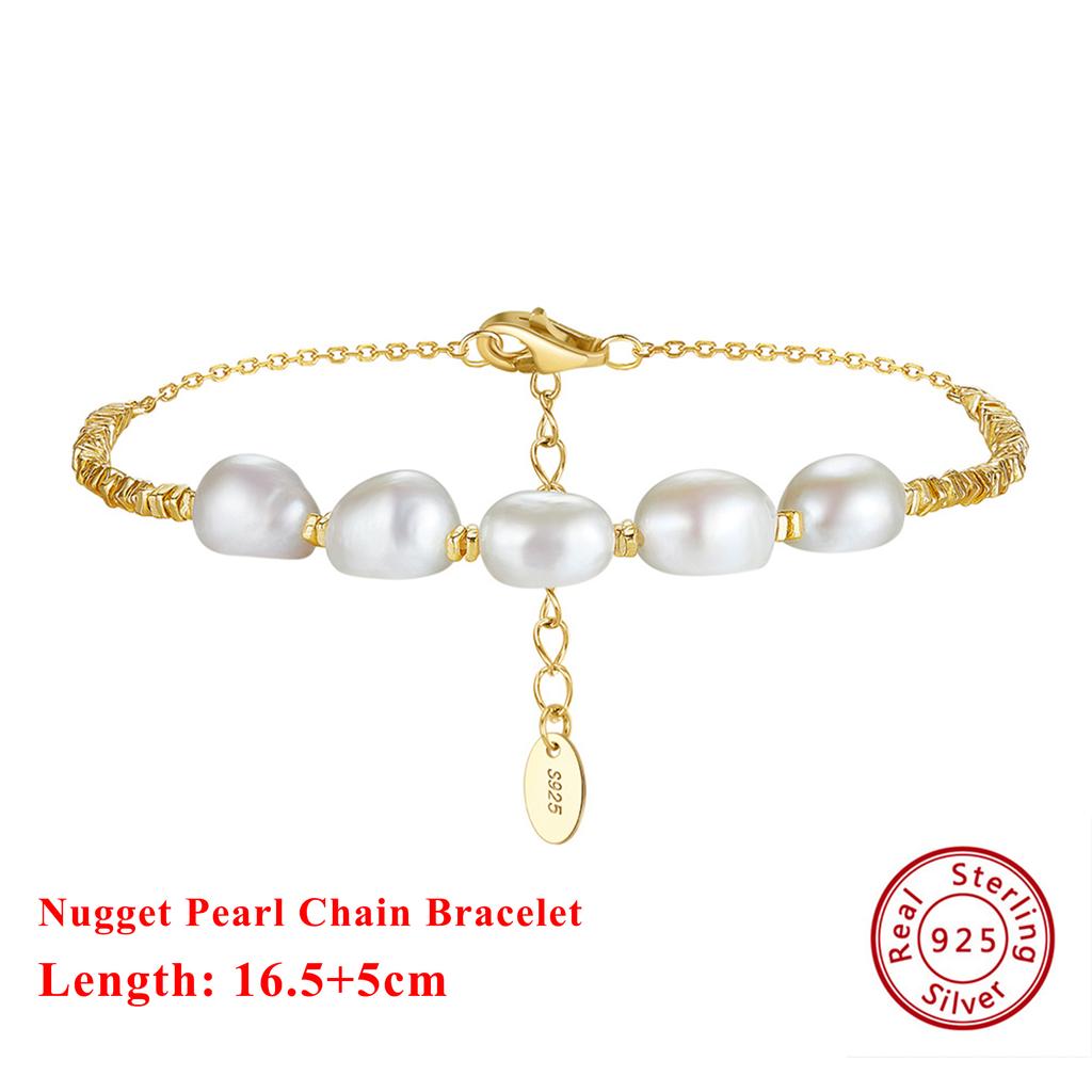 EFFIE QUEEN 925 Pure Silver 14k Gold Baroque Pearl Nugget Chain Bracelet Natural Jewelry for Women Wedding Party Banquet GPB38