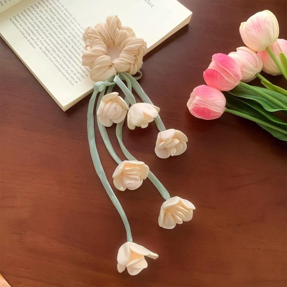 Красивые Тюльпаны Цветочный Цветочный Скранчи Ландыш Эфирный Дизайн Резинка для Волос с Подвесной Лентой Аксессуар для Волос Укладка Волос