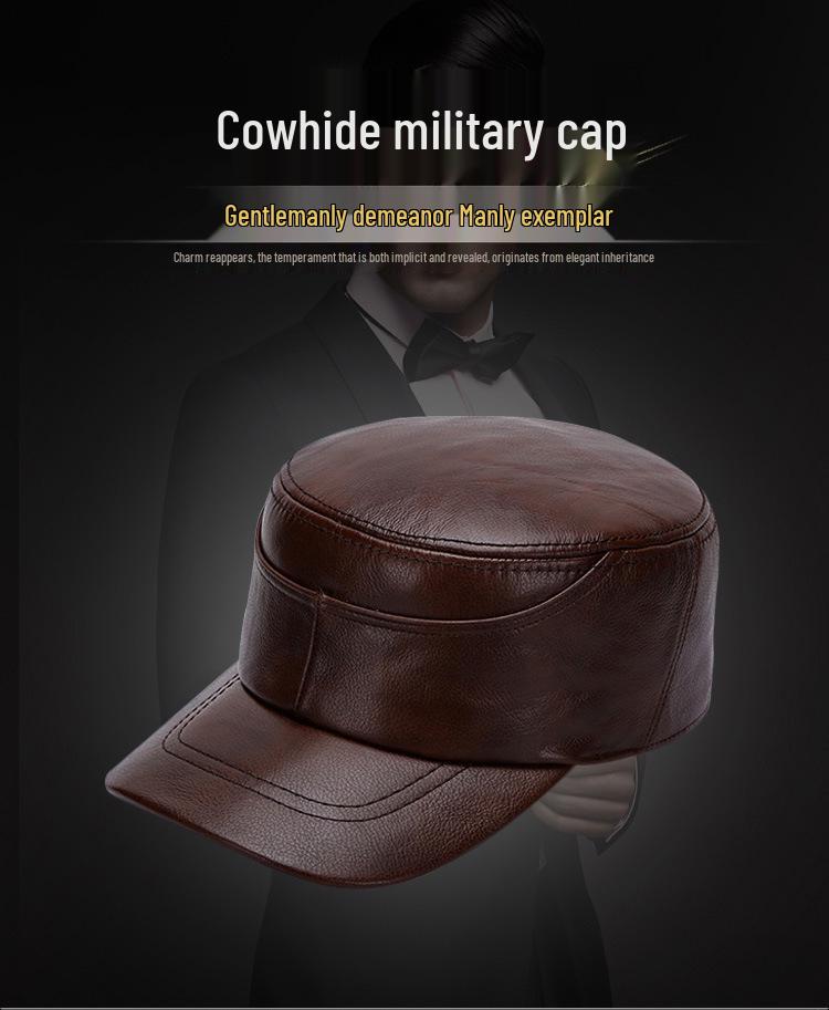 Męska Czapka z Daszkiem typu "Kaczka" ze Skóry Bydlęcej - Ciepła w Stylu Wojskowym na Jesień i Zimę