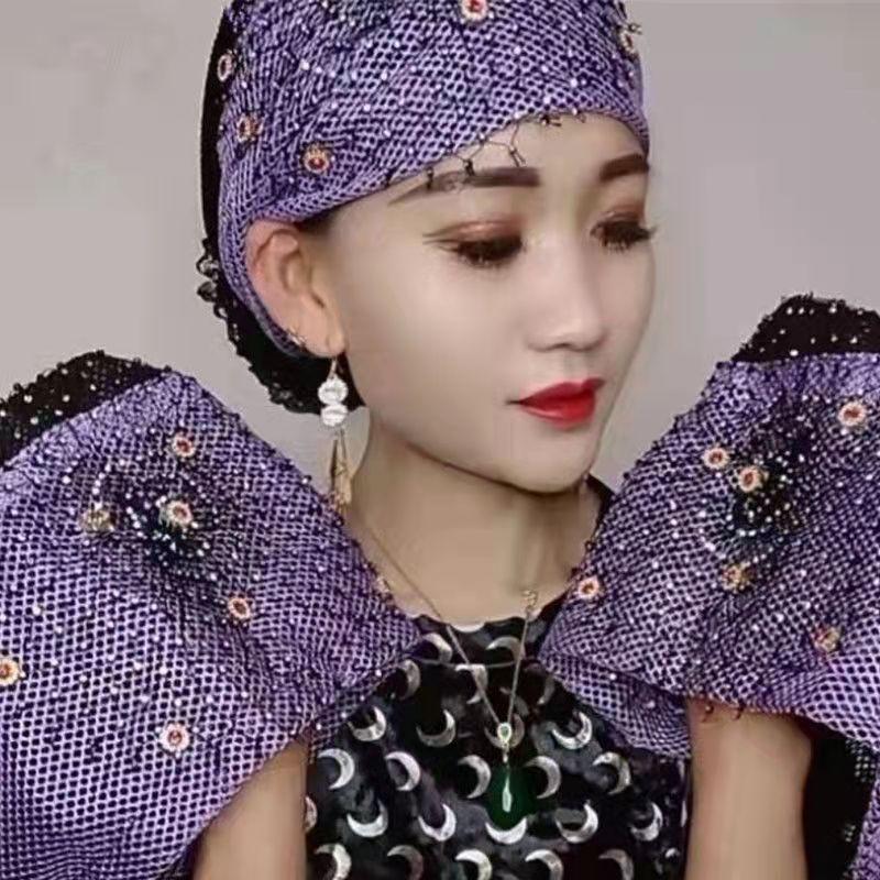2022 New Design Spring and Summer Lace Plush Head Scarf Muslim Plain Breathable Floral Pattern Headband фиолетовый