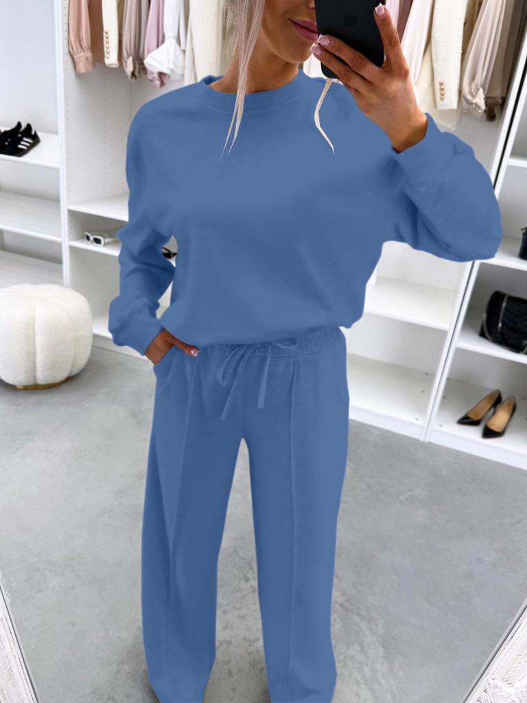 2026 Autumn/Winter European & American Style Casual Two-Piece Set: Drop Shoulder Long Sleeve Top & Ruched Long Pants