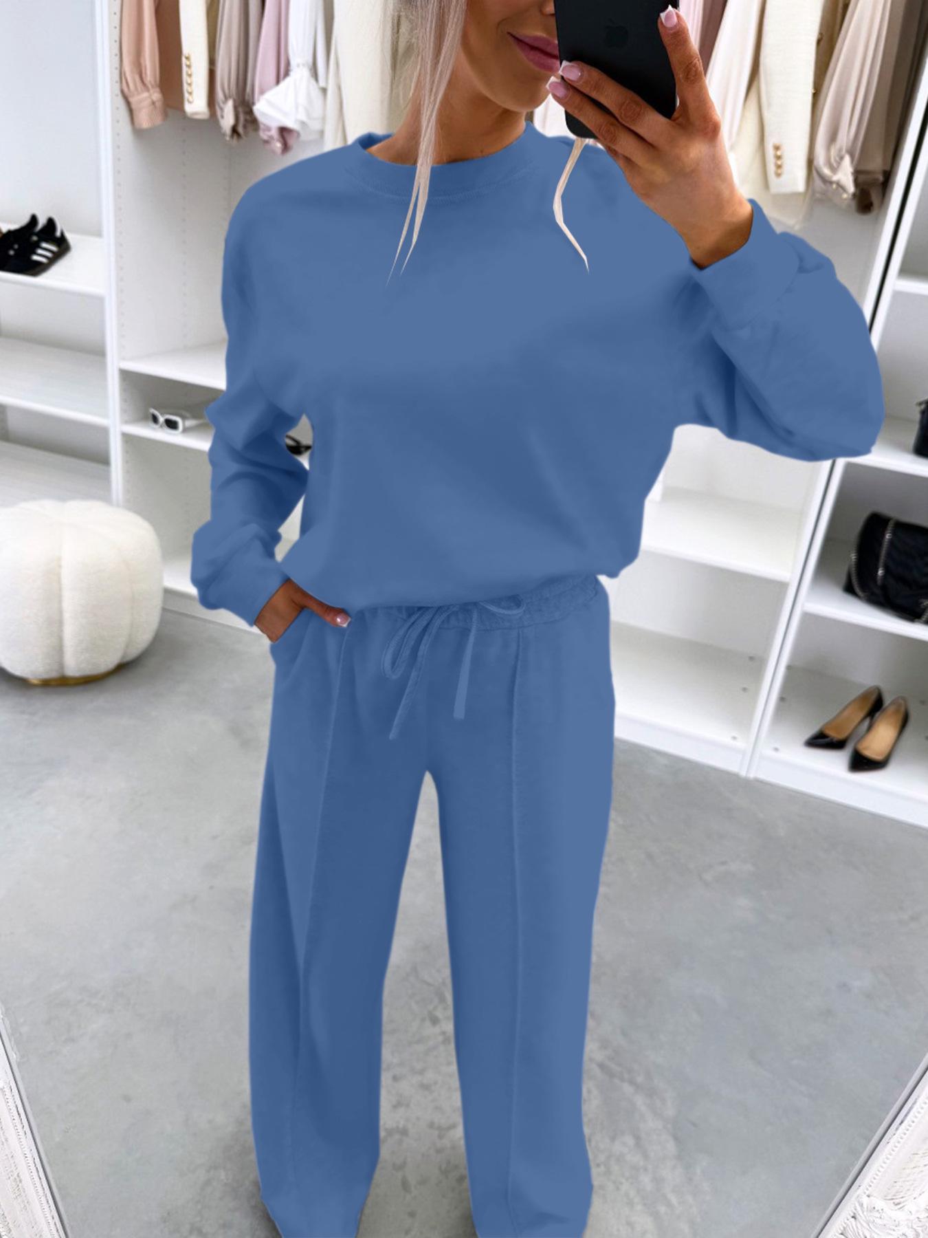 

2026 Autumn/Winter European & American Style Casual Two-Piece Set: Drop Shoulder Long Sleeve Top & Ruched Long Pants Large небо синє кольору