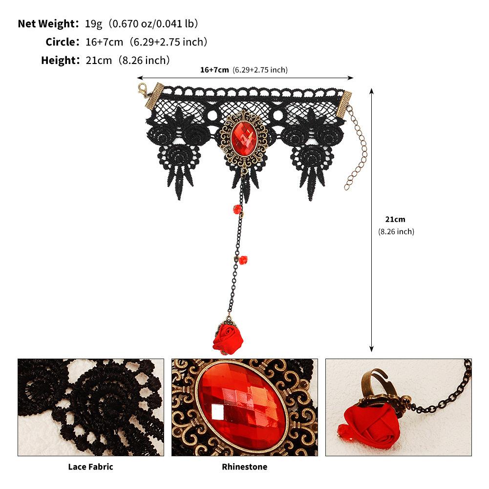 

Gothic Black Lace Rose Ring Bracelet Hand Chain Halloween Party Jewelry