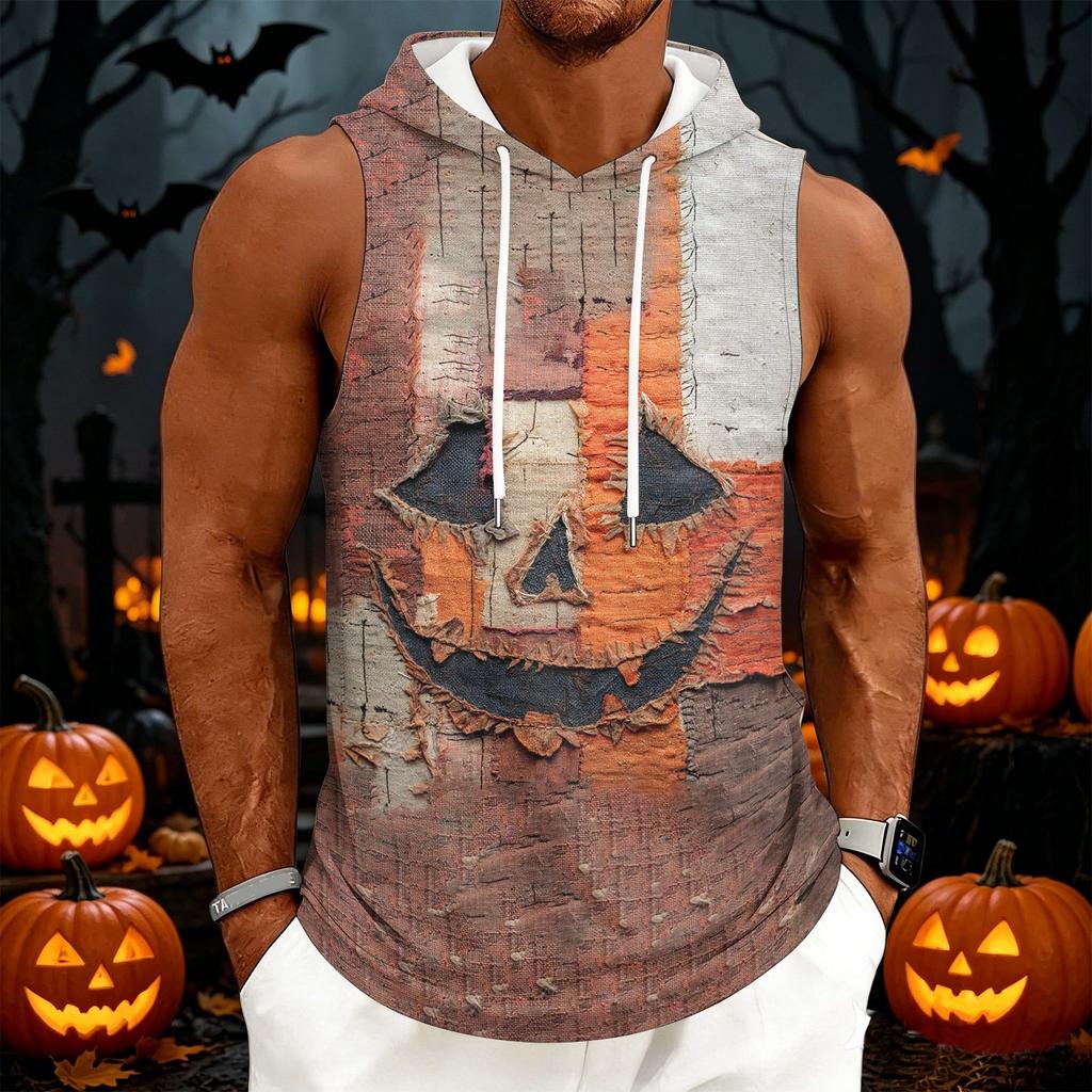 Men's Casual Sleeveless Hoodie with Drawstring Hood Halloween Themed Graphic Print Lightweight Pullover Vest for Everyday Wear