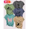 Follow a specific direction Five-piece set for women T Shirt Butterfly and cat motif vintage print Summer Casual Elegant Women's Clothing Short