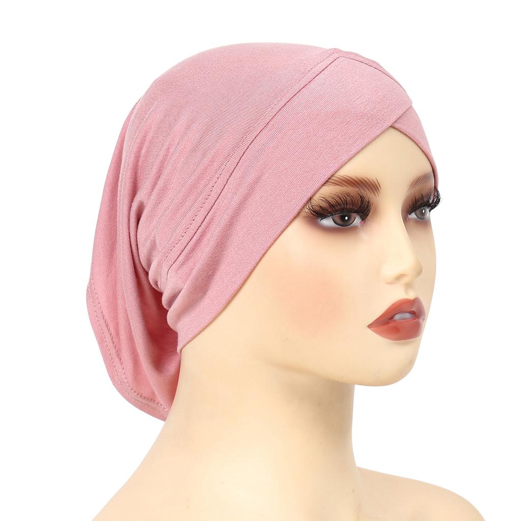 Solid Color Frontal Cross Women Muslim Hijab Caps Wrap Head Soft Elastic Turban Bonnet Chemo Cap Fashion Headdress Wearable