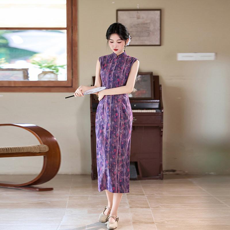 Purple sleeveless national style new Chinese daily Suzhou long cheongsam improved young 1011 new women's high sense