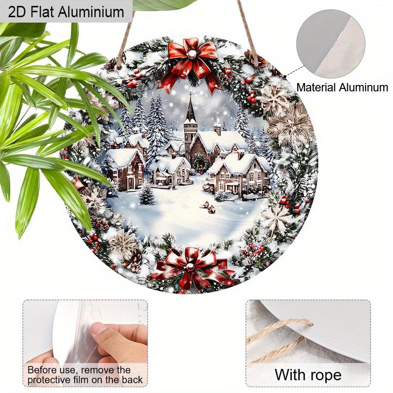 2D Flaches Aluminium-Weihnachtsschild mit Schneemannhaus-Muster - Weihnachtsfiguren-Anhänger - Ideal für Haustür, Wand, Veranda, Fensterdekoration - Ideal