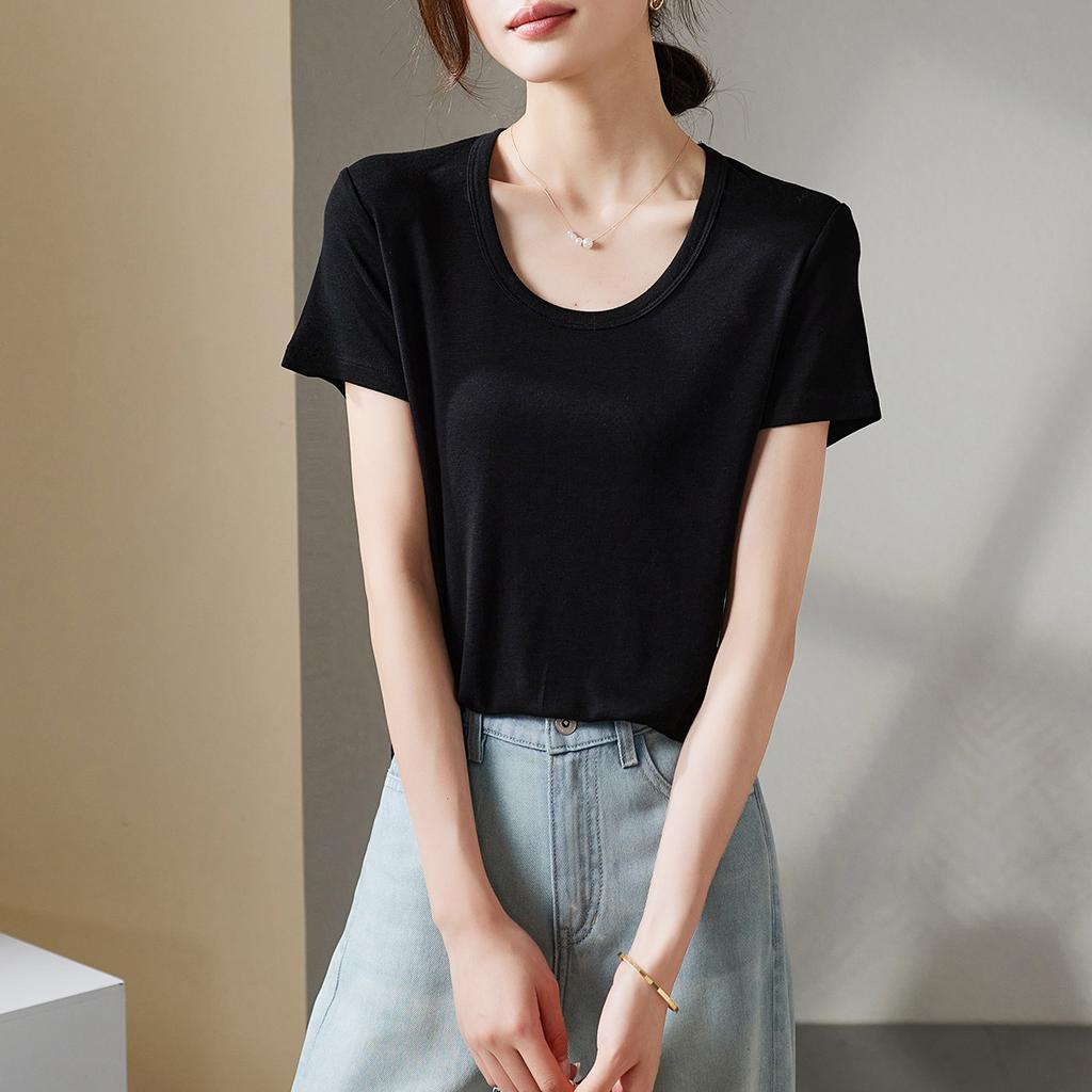 U-neck short sleeved t-shirt for women in summer 2025, fashionable and versatile, slimming solid color casual top