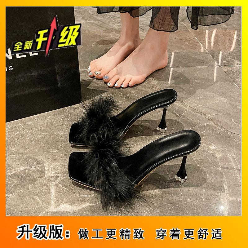 Internet celebrities with the same Mao Mao slippers women wear casual thin heels square head sandals high heels women 2025 summer new
