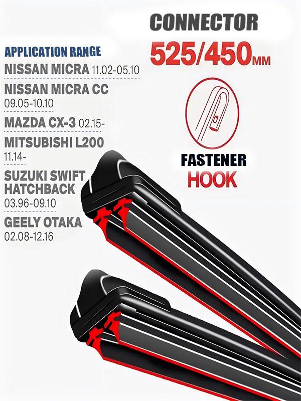 Hook Wiper Blades (21 +18 ) for Nissan Micra, Mazda CX-3, Mitsubishi L200, Suzuki Swift & Geely Otaka