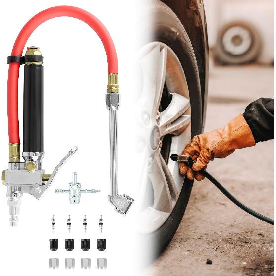 QWORK 10-120 PSI Tire Inflator Gauge - Dual Head Chuck, 12-Inch Hose, Leak-Free Valve Core, Chrome-Plated Cast Steel, With 4 Way Tool And Valve Cores