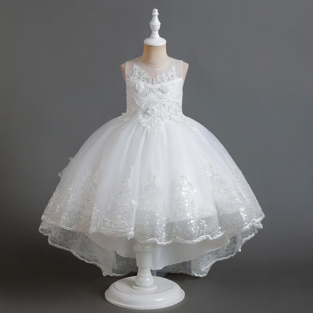 

Girls Sleeveless Mesh Princess Skirt Tailcoat - Embroidered Formal Dress for Performances 130 cm белый