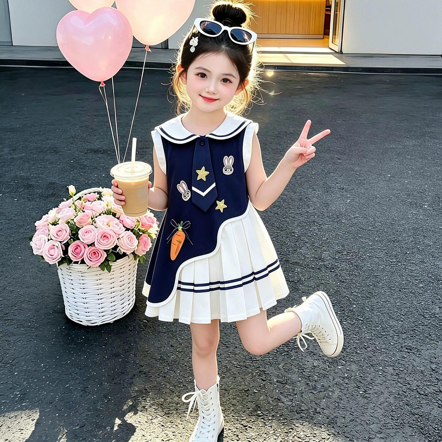 Girls Summer Academy Style Rabbit Dress: Sleeveless, Doll Collar, Pleated Skirt 140 cm