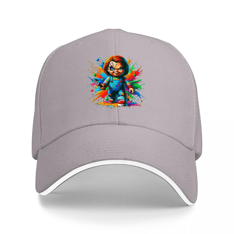 Chucky Horror Movie Character Baseball Cap Black Adjustable Hat with Colorful Splash Design for Fans of Classic Horror Films