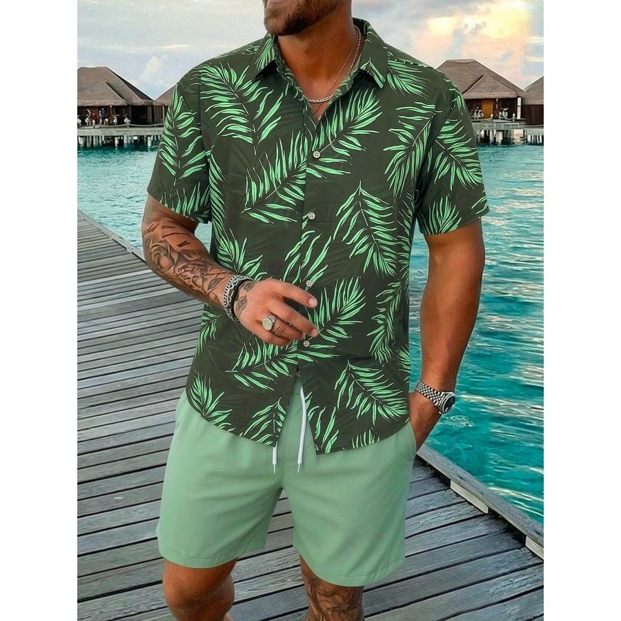 Men's Summer Tropical Flower Hawaiian Shirt, Palm Leaf Print Short-Sleeve Shirt and Shorts Set
