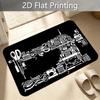 1pc Black Background White Sewing Tools Scissors Sewing Machine Silhouette Printed Door Mat, Non-Slip And Machine Washable Large Size Floor Mat, Indoo