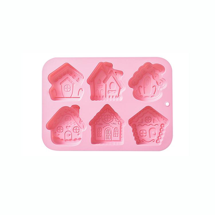 

6-ячеечная силиконовая форма для Рождества в форме домика, подходит для выпечки шоколадных тортов, желе, кубиков льда, хлеба и многого другого розовый