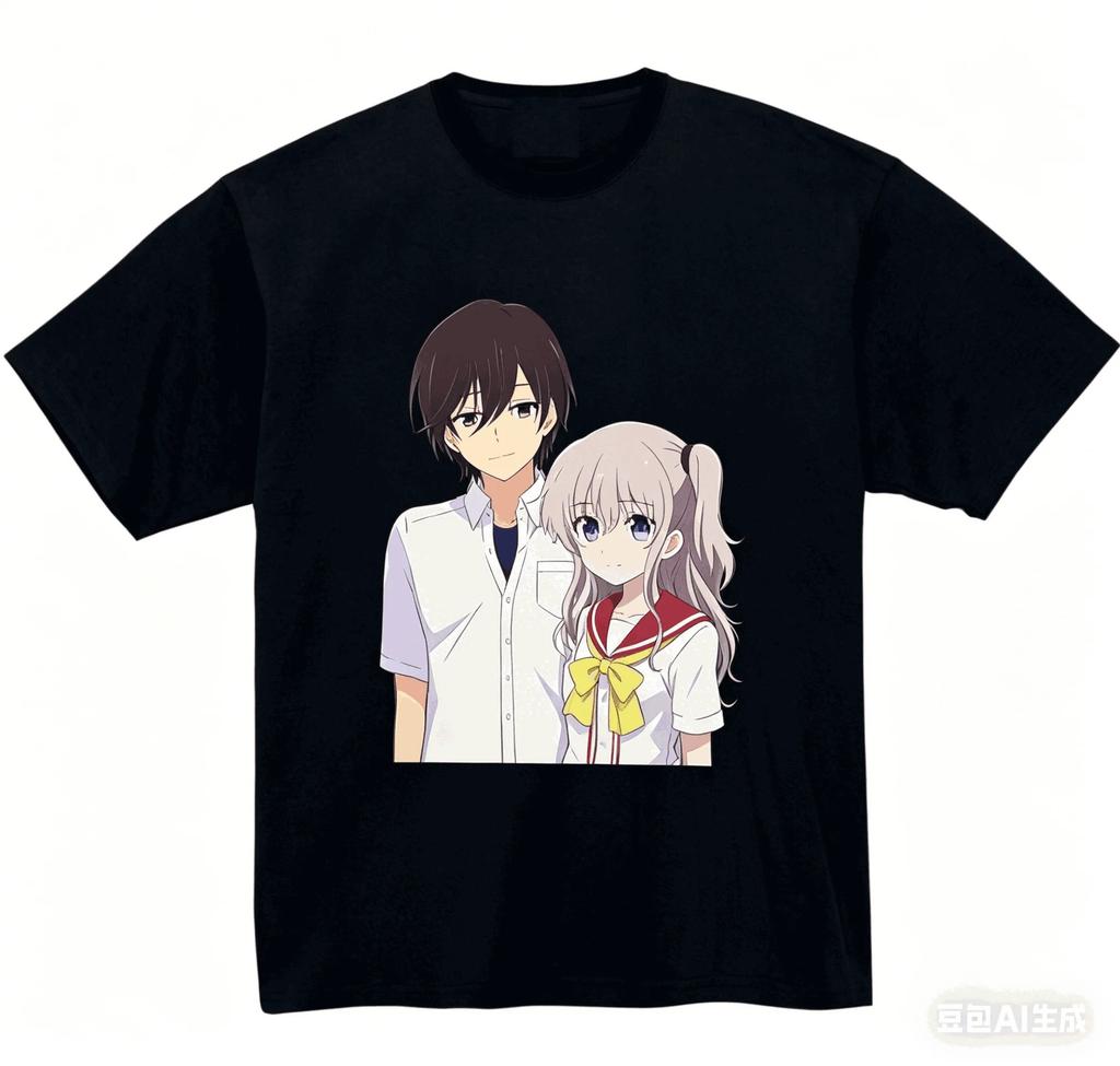 Trendy Vintage Charlotte Anime Yuu Otosaka and Nao Tomori Black Cotton Unisex Casual Graphic Women And Men T-shirt