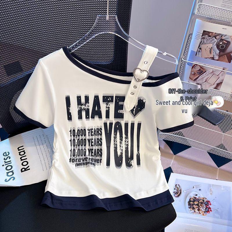 

Plus Size Off-Shoulder Color Block Slimming T-shirt – Women s Summer 2025 Trendy Short Sleeve Loose Top L (101-120 lbs) білий