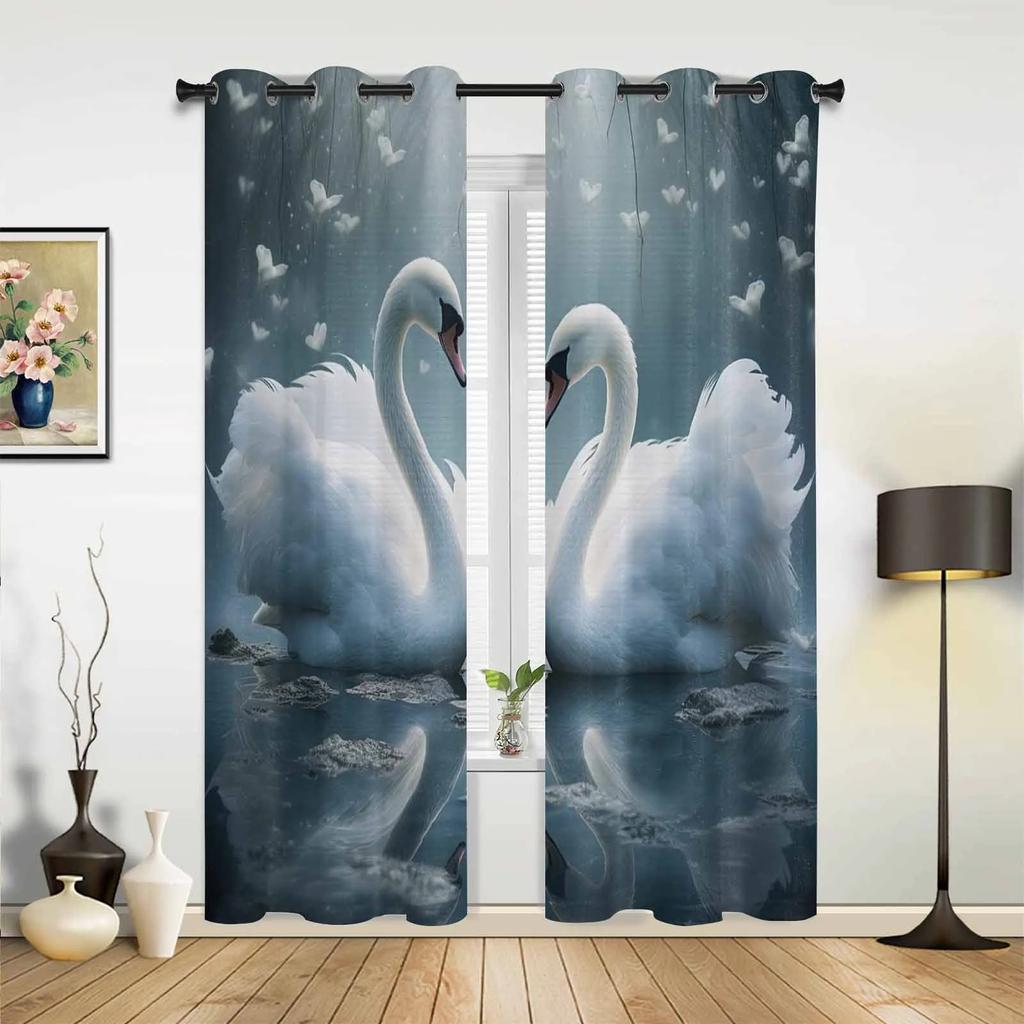 Valentine'S Day Love Swan Illustration Grommet Curtains for Bedroom Living Room Home Decor Window Treatments Drapes
