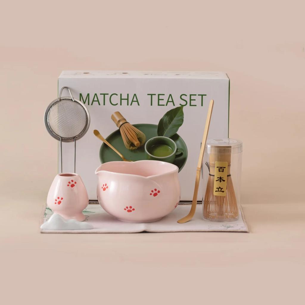 5/7pcs Pink Heart Decal Ceramic Matcha Set, Cute Matcha Set Includes Matcha- Bowl, Matcha Whisk and Holder, Bamboo Scoop, Sifter