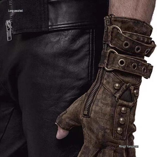 Men's Retro Punk Half-Finger Leather Motorcycle Riding Gloves