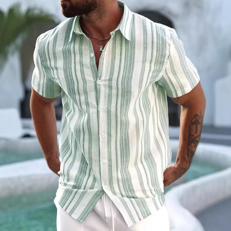 Men's Blue White Vertical Stripe Short Sleeve Shirt Casual Button Down Summer Blouse