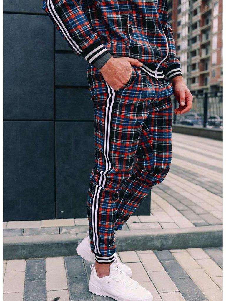 Jesienny Męski Casualowy Garnitur Sportowy w Kratę: Dwuczęściowy zestaw: kurtka zapinana na zamek i długie spodnie