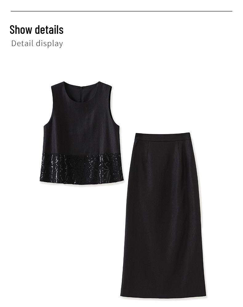 French Sequin Embroidery Vest & Tencel Midi Skirt Two-Piece Set for Women