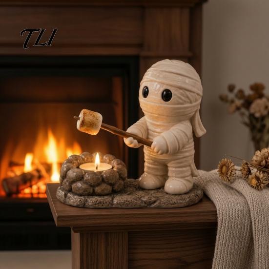 Rustic Yard Decoration Halloween Resin Scarecrow/Ghost/Mummy Candle Holder, Decorative Bonfire Tea Light Hand Painted Table Centerpiece Camping Scene