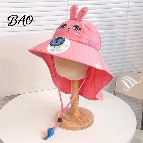 Breathable Mesh Sun Hat Kids Cap with Built-in Solar Fan, Wide Brim Protection Cooling Baby Hiking Hat, Fabric Summer Cartoon Pattern, Shawl
