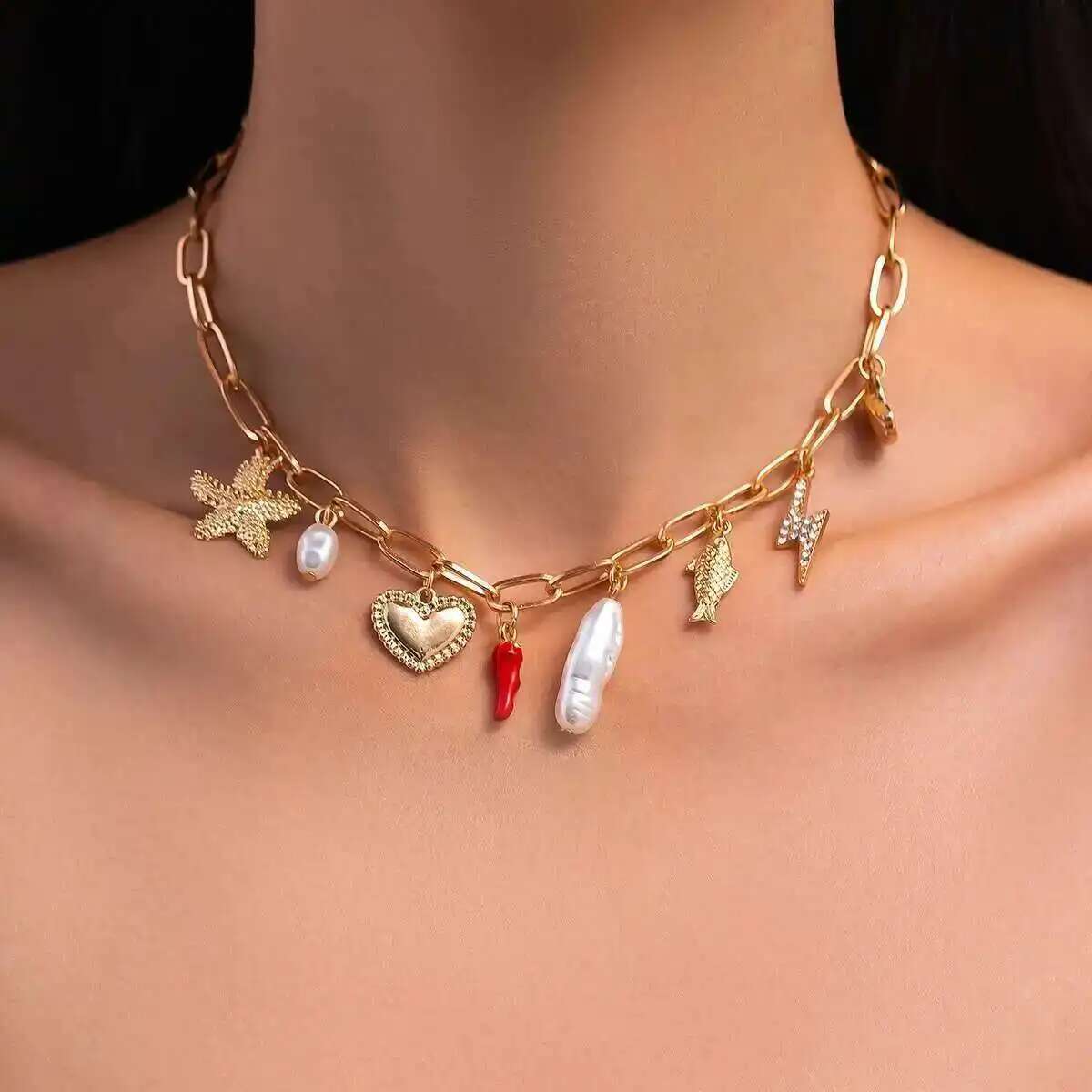 Salircon 4 Стиля Морская Звезда Ракушка Сердце Имитация Жемчуга Красный Перец Кулон Ожерелье Женское Бохо Летнее Пляжное Вечеринка Украшения