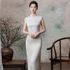Elegant Blue Gray Sleeveless Qipao Dress With Embroidery Roll Edge Vintage Style Women 2026