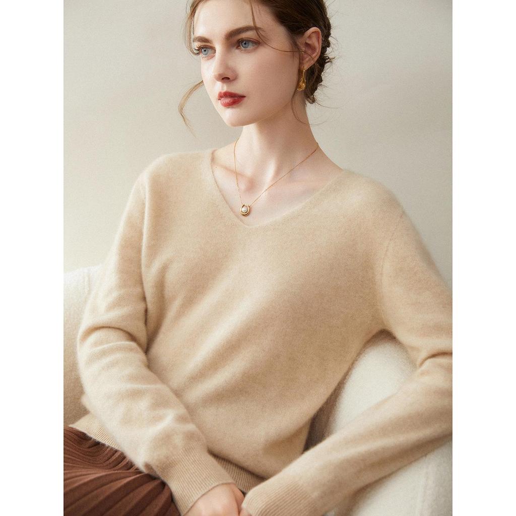 Women's Pure Cashmere V-Neck Pullover Sweater - Knitted, Simple, Versatile Layer