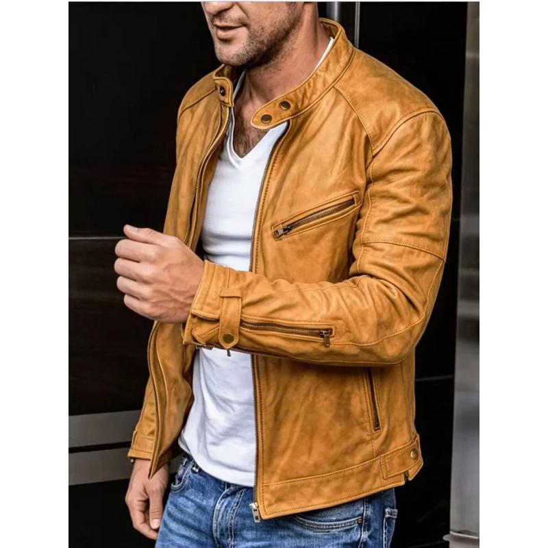 European and American men's PU leather jacket stand-up collar locomotive leather jacket casual slim trendy jacket men's