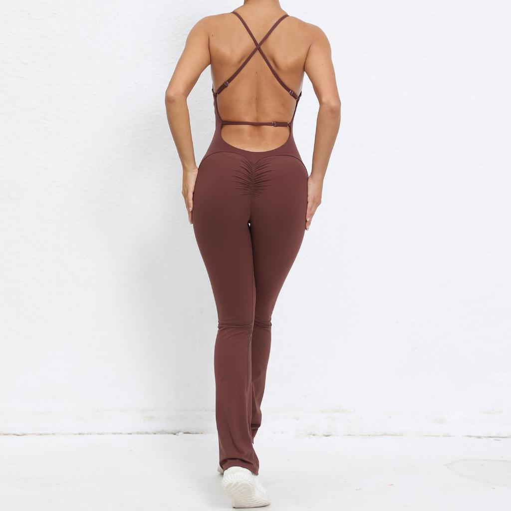 Adjustable Strap Flare Bodysuit Yoga Wear - European & American Sports Fitness Jumpsuit