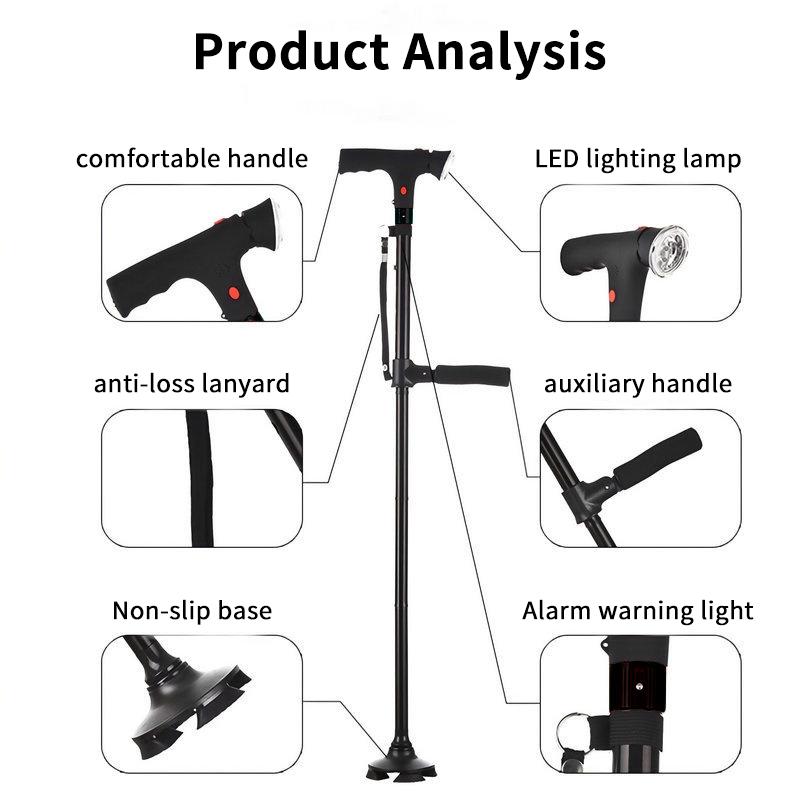 Folding Elderly Walking Stick With Buffered T Handle Pivoting Quad Base Anti-Slip Walking Stick Cane With Led Light And Alarm