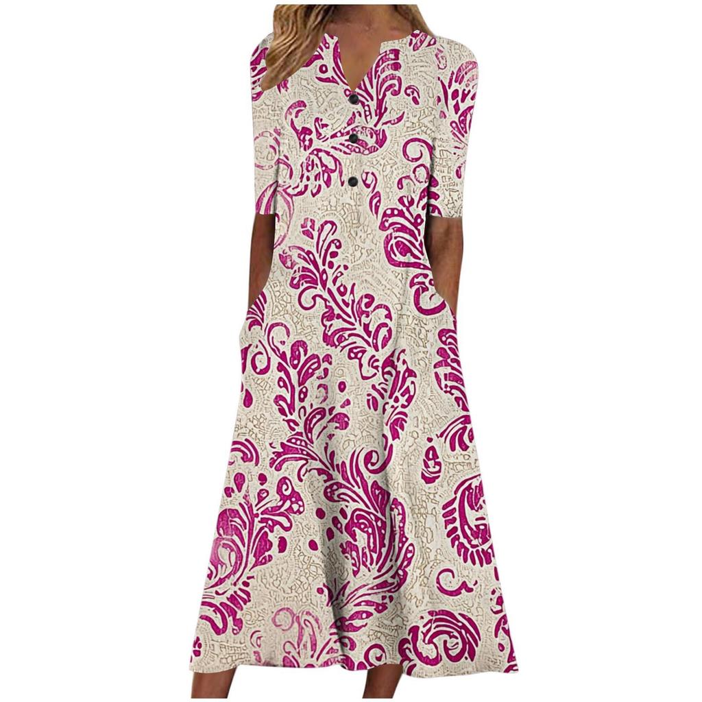 Floral Print V-Neck Mid-Sleeve Casual Dress with Pockets, Button Front, Loose Fit - White/Light Blue/Pink