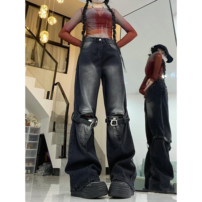 Dámské džínové kalhoty džínové kalhoty s vykrojeným úvazkem na noze vysoký pas y2k kalhoty harajuku streetwear punk gothic grunge estetický