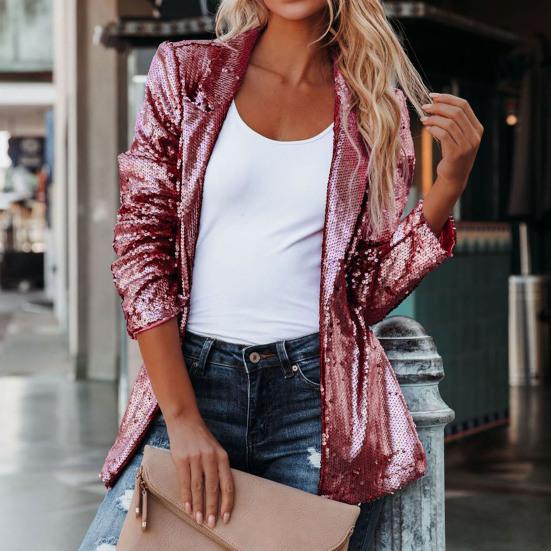 Kadın Ceket Uzun Kollu Hırka Gevşek Eşleşmesi Kolay Büyüleyici Turn-down Yaka Tek göğüslü Parlak Payet Büyüleyici Sonbahar Blazer Arkadaşlık için
